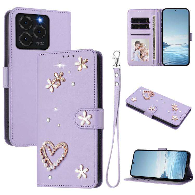 For Ulefone Note 20 Pro ZS01 Double-Layer Heart Floral Vegan Leather Phone Case with Wrist Strap(...