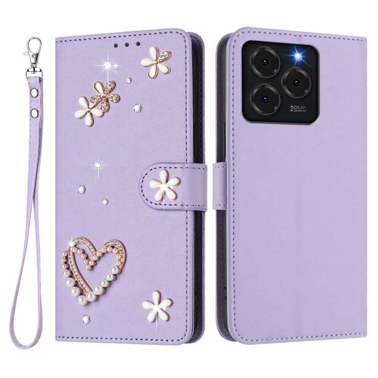 For Ulefone Note 20 Pro ZS01 Double-Layer Heart Floral Vegan Leather Phone Case with Wrist Strap(...
