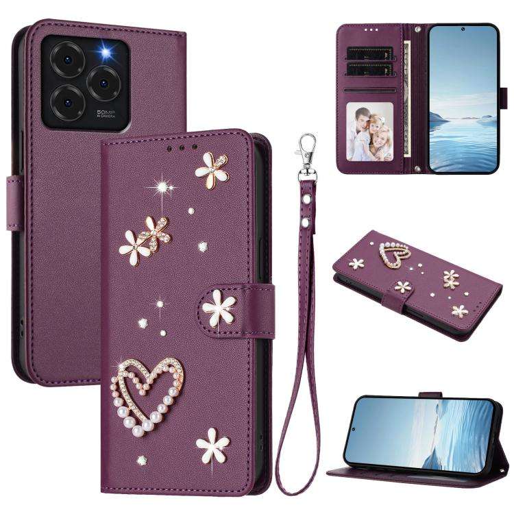 For Ulefone Note 20 Pro ZS01 Double-Layer Heart Floral Vegan Leather Phone Case with Wrist Strap(...