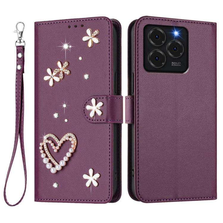 For Ulefone Note 20 Pro ZS01 Double-Layer Heart Floral Vegan Leather Phone Case with Wrist Strap(...