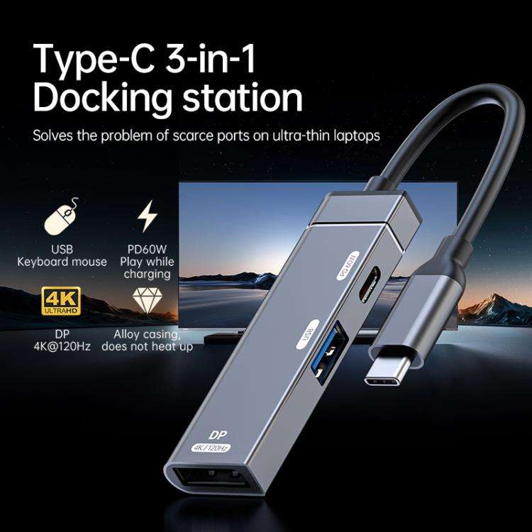 60W Type-C to Type-C, USB-A, 4K DisplayPort HUB Docking Station(Grey)