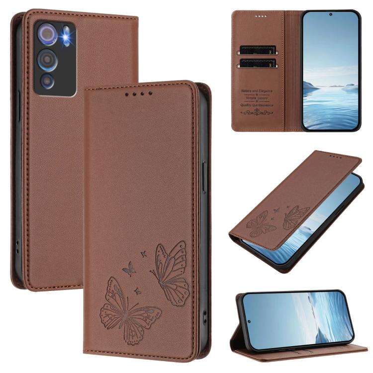 For Doogee N60 Pro Strong Magnetic Dual Butterfly RFID Vegan Leather Phone Case(Brown)