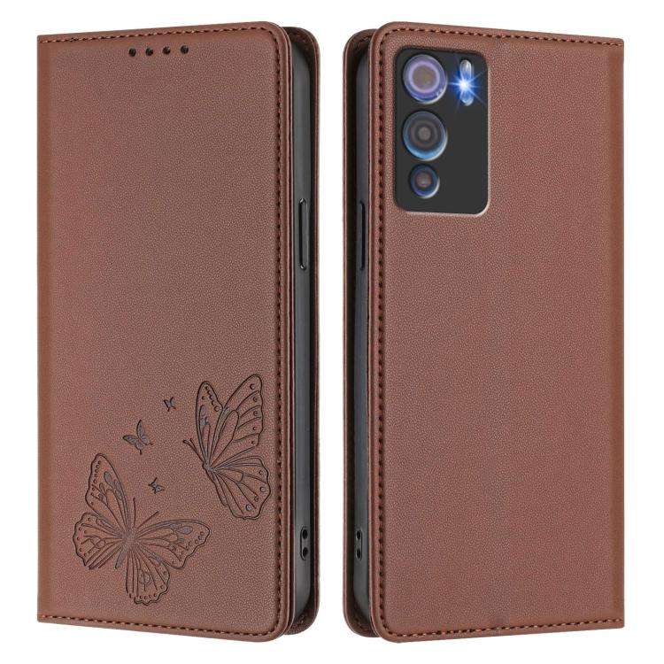 For Doogee N60 Pro Strong Magnetic Dual Butterfly RFID Vegan Leather Phone Case(Brown)