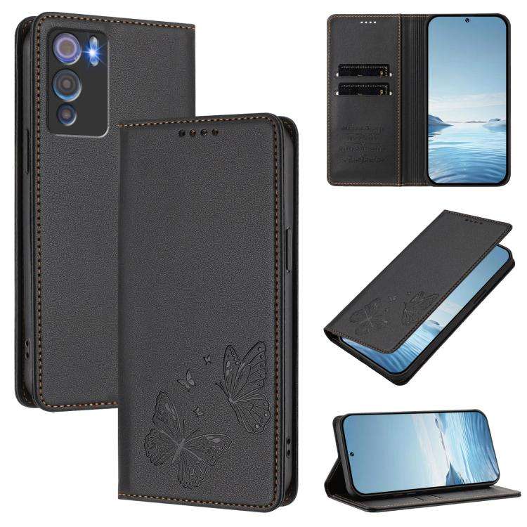 For Doogee N60 Pro Strong Magnetic Dual Butterfly RFID Vegan Leather Phone Case(Black)