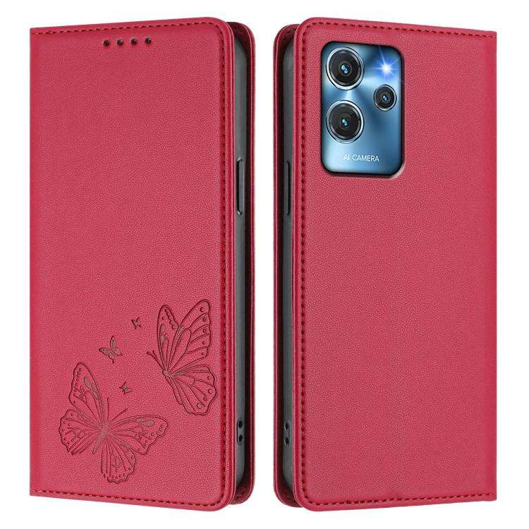 For Oukitel C32 / C32 Pro Strong Magnetic Dual Butterfly RFID Vegan Leather Phone Case(Red)