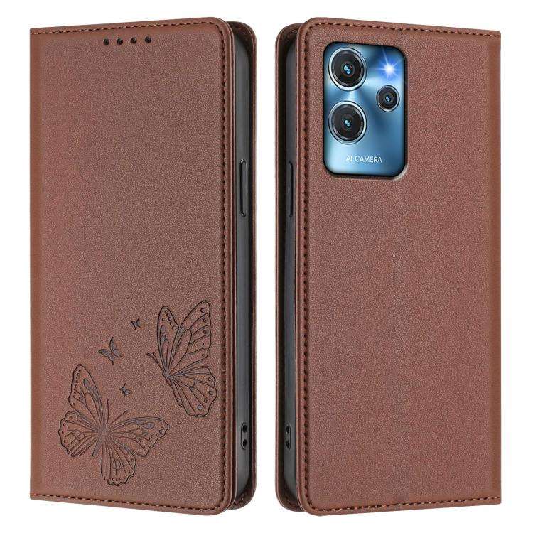 For Oukitel C32 / C32 Pro Strong Magnetic Dual Butterfly RFID Vegan Leather Phone Case(Brown)