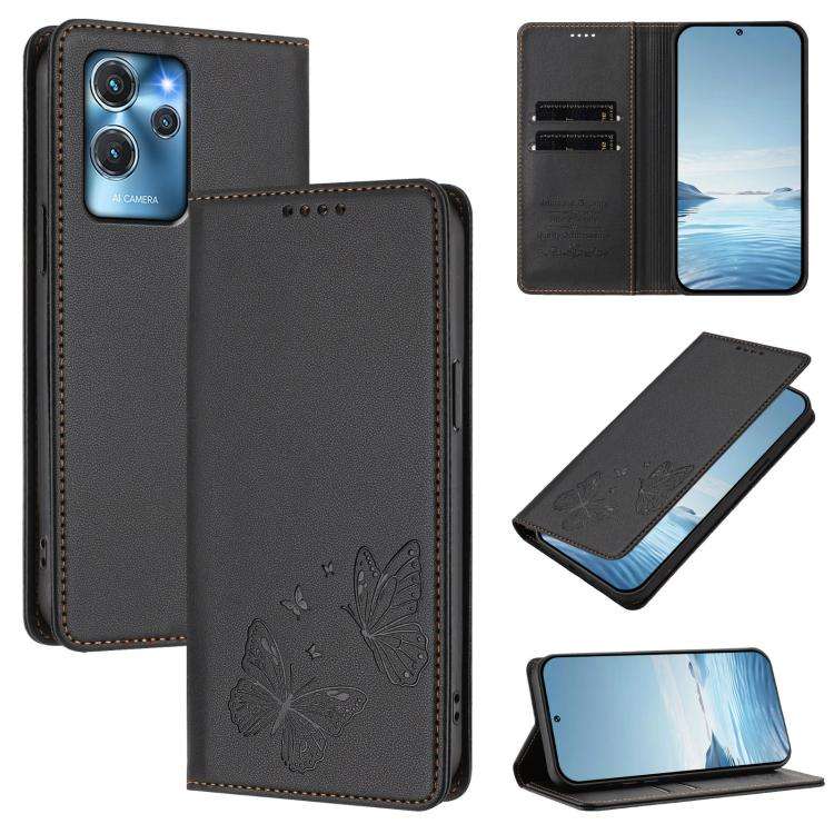 For Oukitel C32 / C32 Pro Strong Magnetic Dual Butterfly RFID Vegan Leather Phone Case(Black)