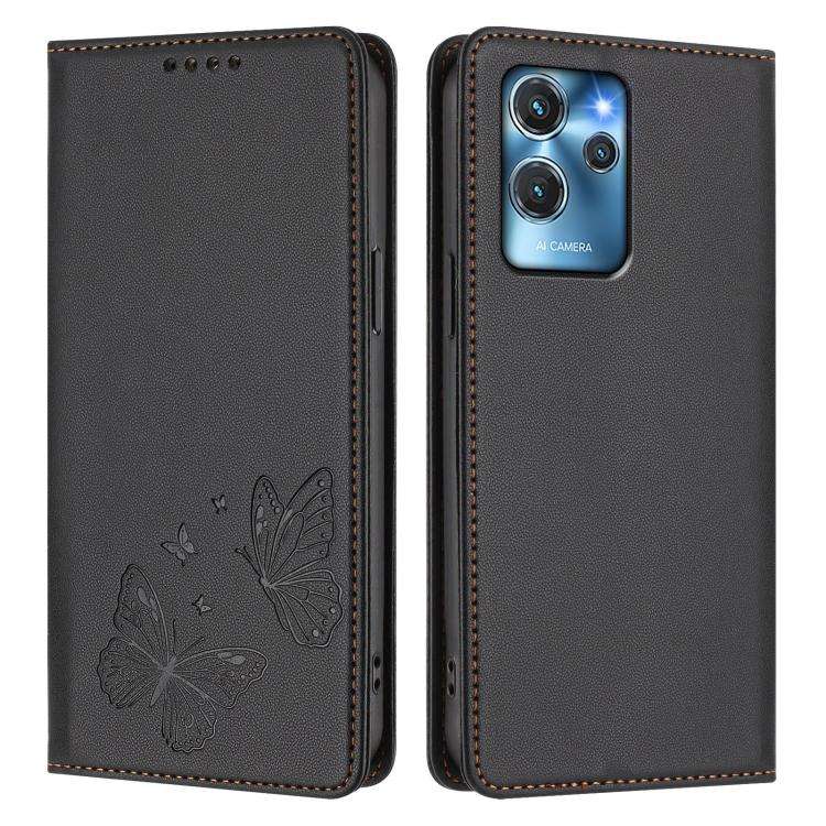 For Oukitel C32 / C32 Pro Strong Magnetic Dual Butterfly RFID Vegan Leather Phone Case(Black)