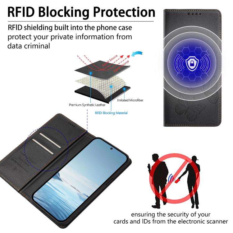 For Oukitel C32 / C32 Pro Strong Magnetic Dual Butterfly RFID Vegan Leather Phone Case(Black)