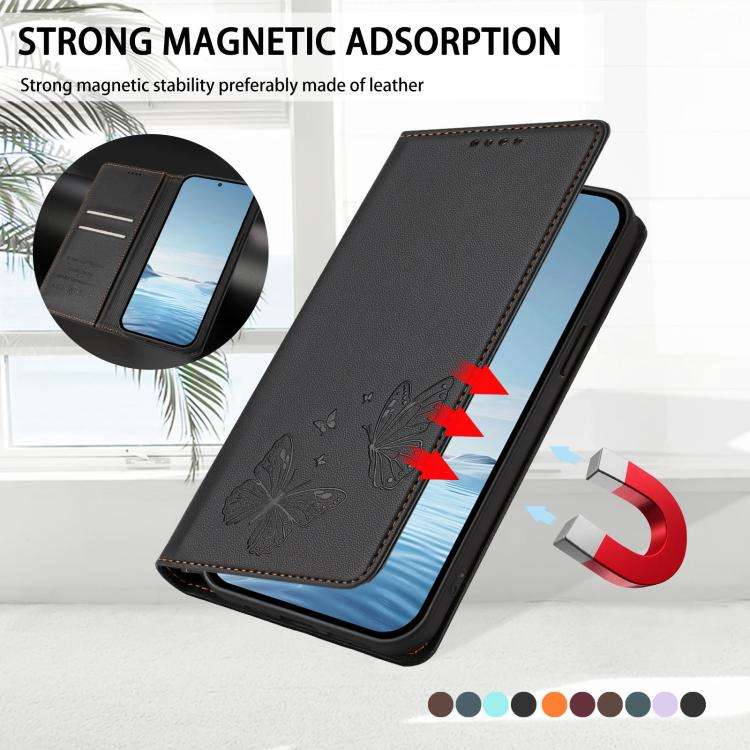For Oukitel C32 / C32 Pro Strong Magnetic Dual Butterfly RFID Vegan Leather Phone Case(Black)