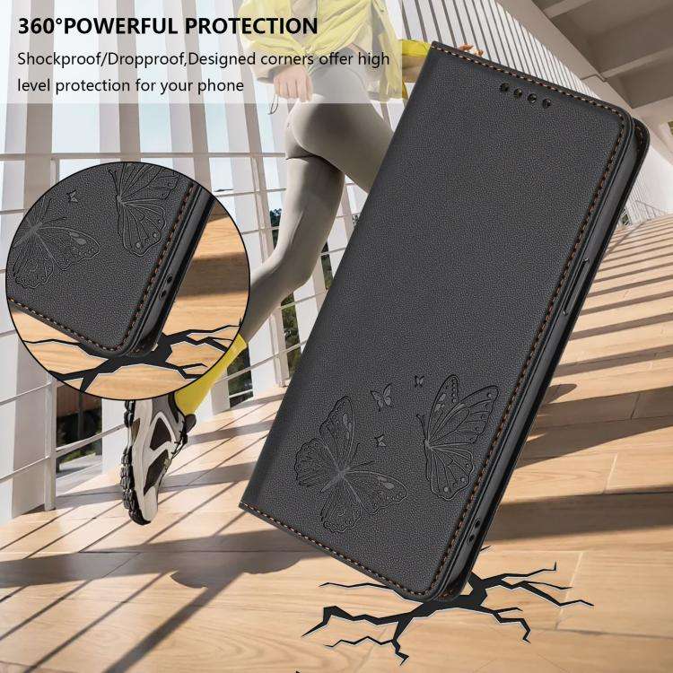 For Oukitel C32 / C32 Pro Strong Magnetic Dual Butterfly RFID Vegan Leather Phone Case(Black)
