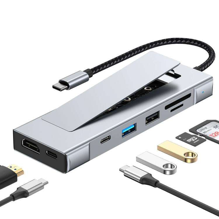 8 in 1 HUB USB-C to M.2 SSD Enclosure + HDTV + USB 3.2 + USB 2.0 + PD + SD/TF Card Reader
