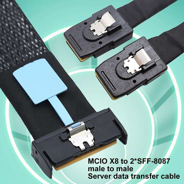 Gen5 MCIO X8 to Dual SFF-8087 Server Data Transfer Cable, Length:0.5m(Black)