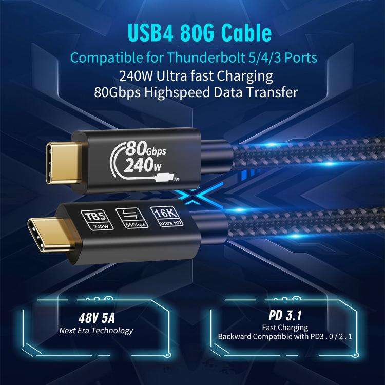 WG240 USB/Type-C to Type-C Thunderbolt 5 240W 240Gbps Data Fast Charging Cable, Length:1m