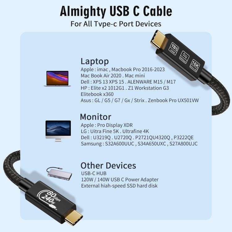 WG240 USB/Type-C to Type-C Thunderbolt 5 240W 240Gbps Data Fast Charging Cable, Length:1m