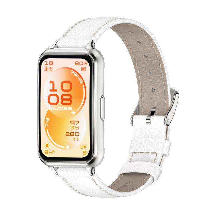 For Huawei Band 11 / Band 11 Pro MIJOBS Top Grain Cowhide Watch Band(White Silver)