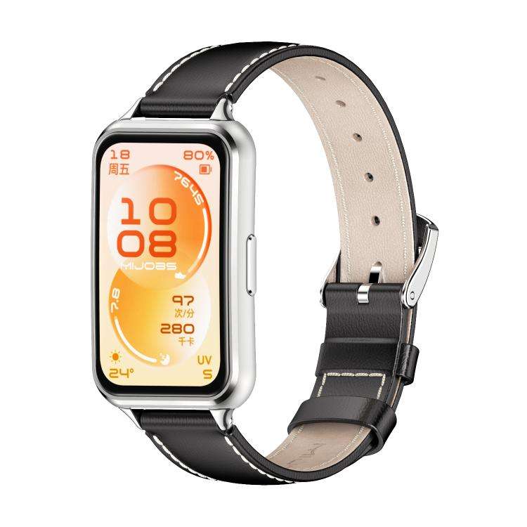 For Huawei Band 11 / Band 11 Pro MIJOBS Top Grain Cowhide Watch Band(Black Silver)