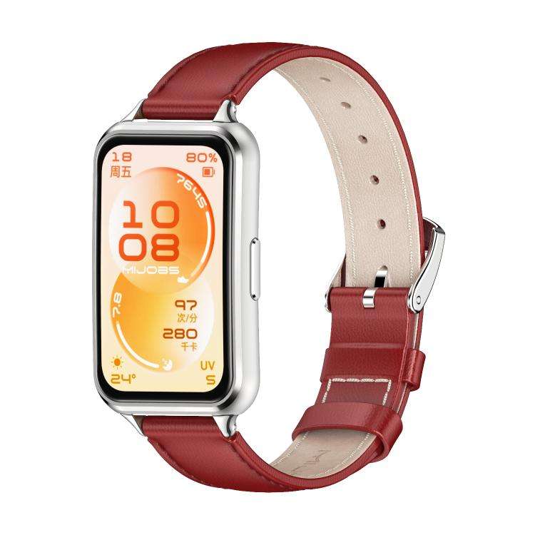 For Huawei Band 11 / Band 11 Pro MIJOBS Top Grain Cowhide Watch Band(Red Silver)