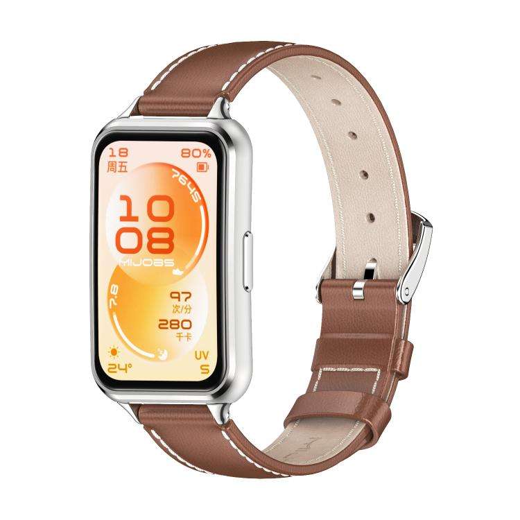For Huawei Band 11 / Band 11 Pro MIJOBS Top Grain Cowhide Watch Band(Brown Silver)