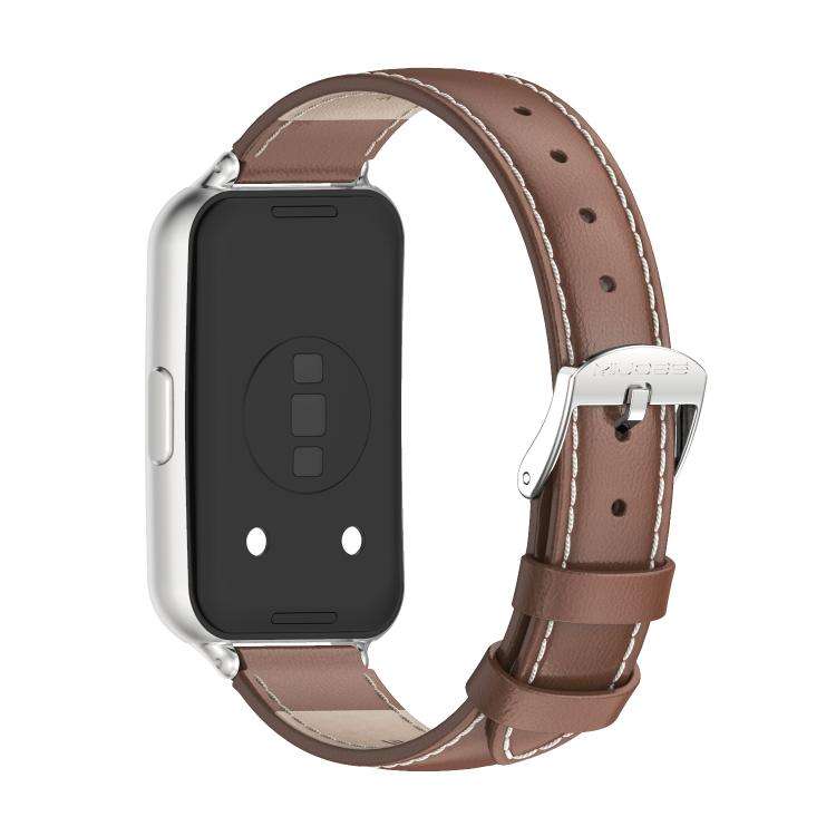 For Huawei Band 11 / Band 11 Pro MIJOBS Top Grain Cowhide Watch Band(Brown Silver)