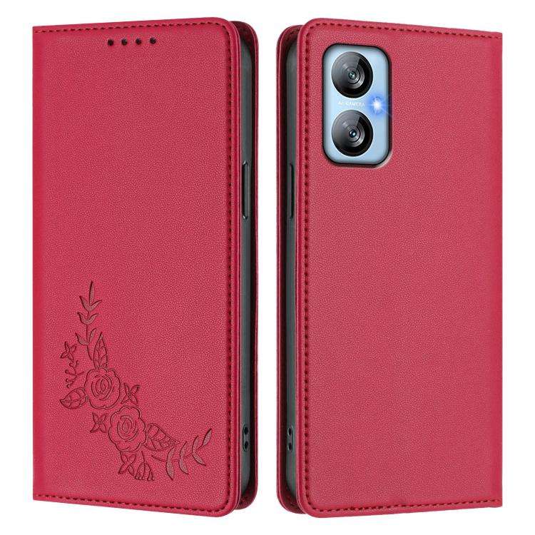 For Blackview A52 / A52 Pro Peony Embossed Magnetic RFID Vegan Leather Phone Case(Red)