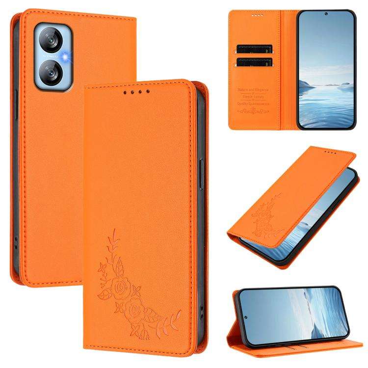 For Blackview A52 / A52 Pro Peony Embossed Magnetic RFID Vegan Leather Phone Case(Orange)