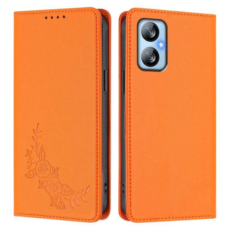 For Blackview A52 / A52 Pro Peony Embossed Magnetic RFID Vegan Leather Phone Case(Orange)