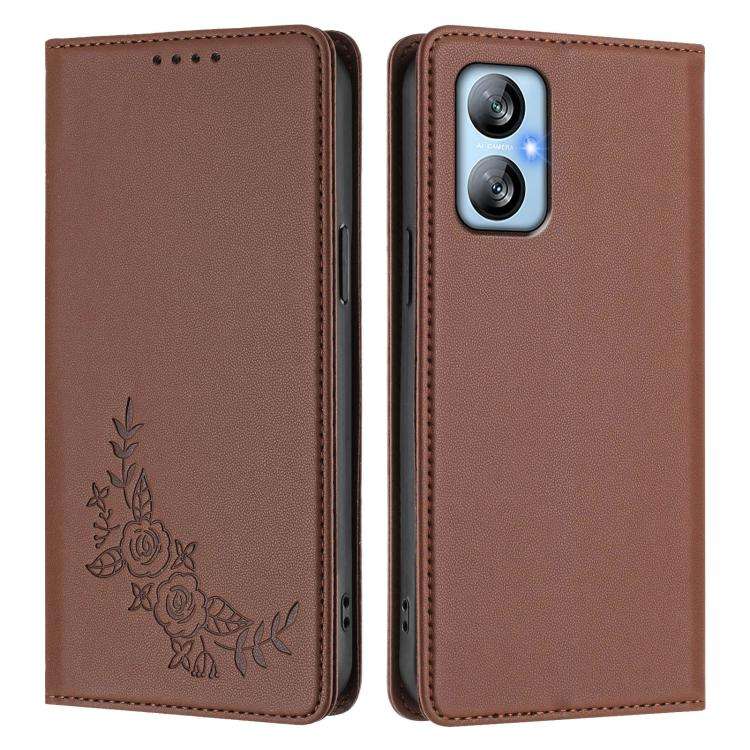 For Blackview A52 / A52 Pro Peony Embossed Magnetic RFID Vegan Leather Phone Case(Brown)