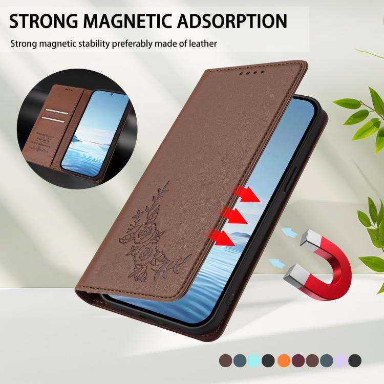 For Blackview A52 / A52 Pro Peony Embossed Magnetic RFID Vegan Leather Phone Case(Brown)