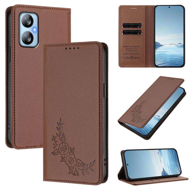 For Blackview A52 / A52 Pro Peony Embossed Magnetic RFID Vegan Leather Phone Case(Brown)