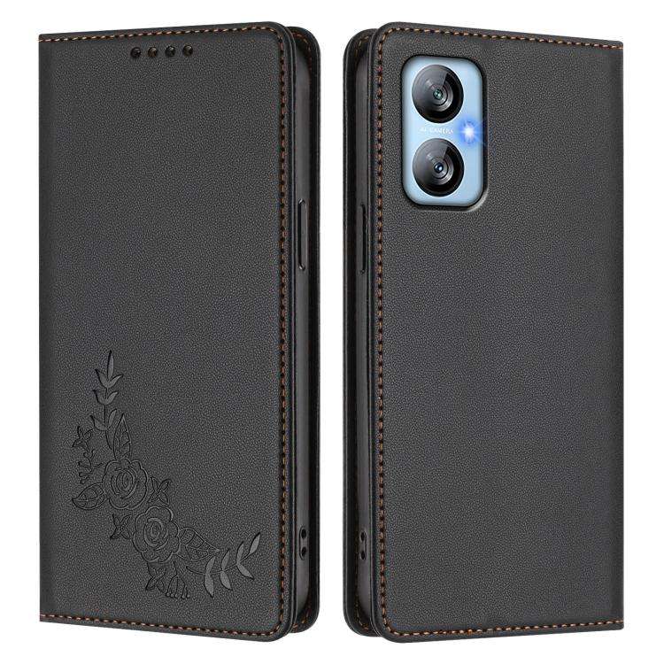 For Blackview A52 / A52 Pro Peony Embossed Magnetic RFID Vegan Leather Phone Case(Black)