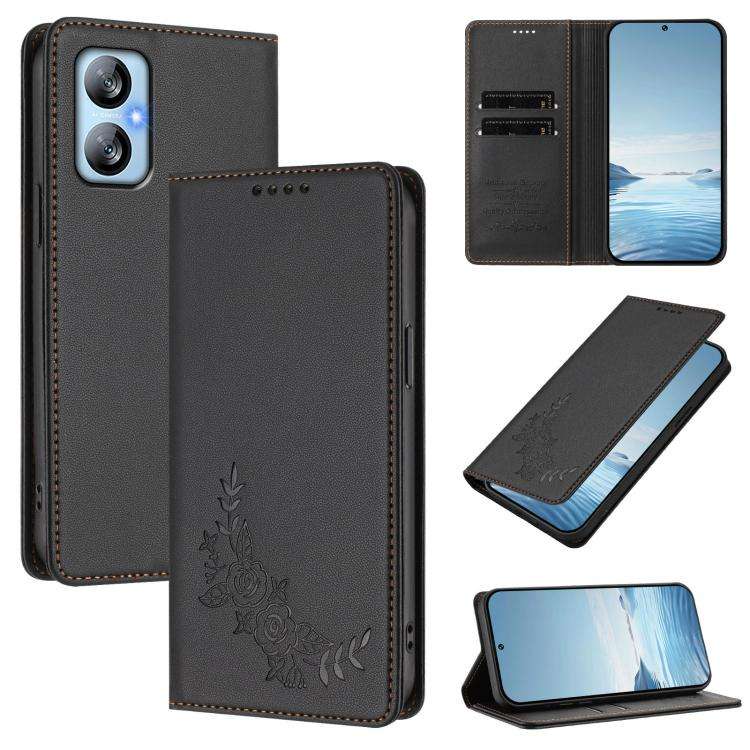 For Blackview A52 / A52 Pro Peony Embossed Magnetic RFID Vegan Leather Phone Case(Black)
