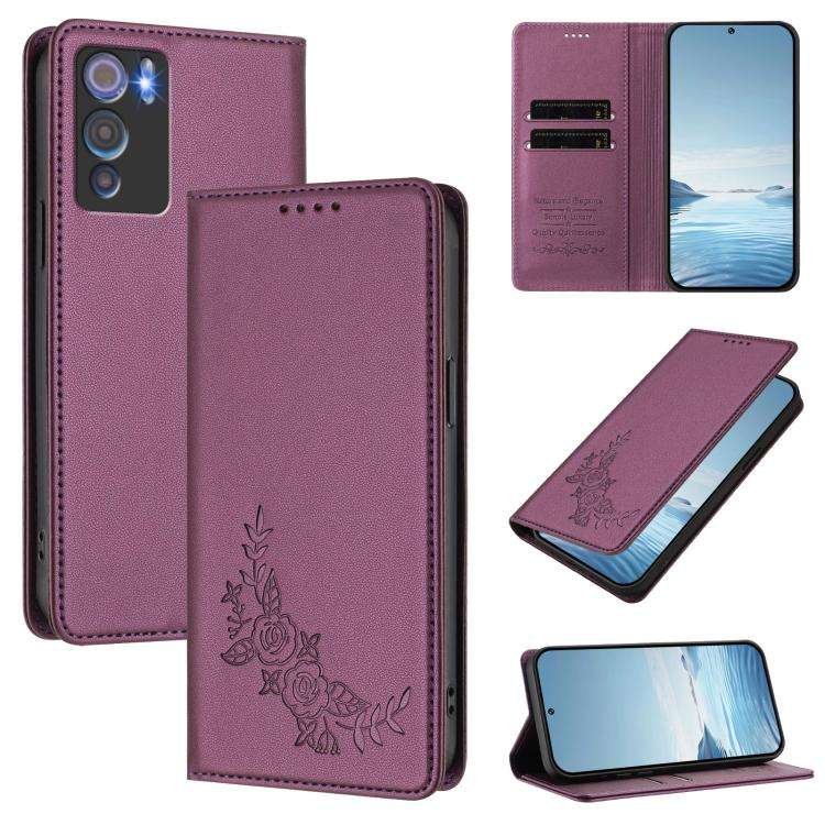 For Doogee N60 Pro Peony Embossed Magnetic RFID Vegan Leather Phone Case(Violet Purple)