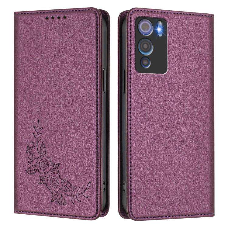 For Doogee N60 Pro Peony Embossed Magnetic RFID Vegan Leather Phone Case(Violet Purple)
