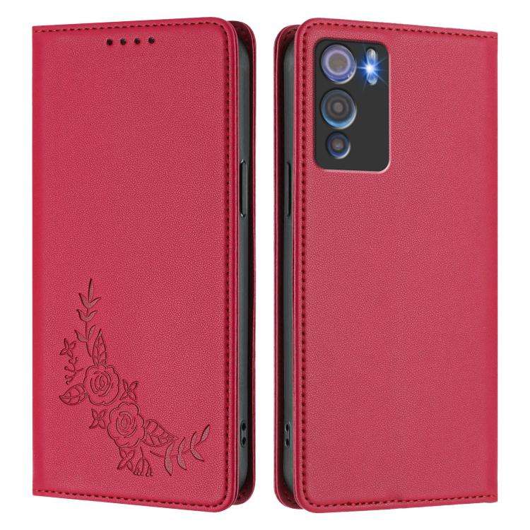For Doogee N60 Pro Peony Embossed Magnetic RFID Vegan Leather Phone Case(Red)