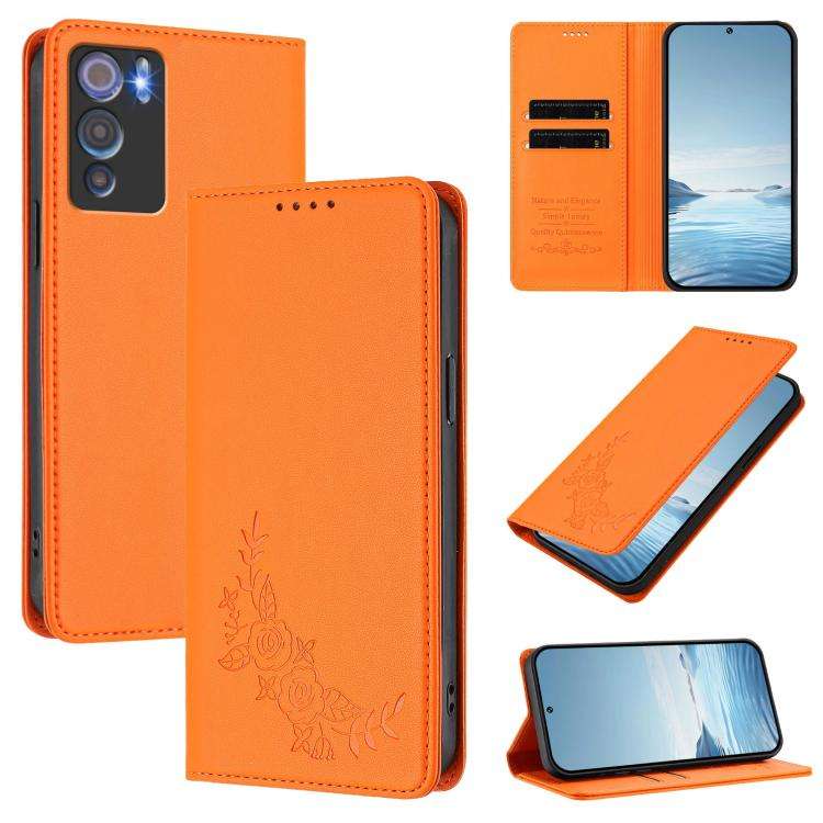 For Doogee N60 Pro Peony Embossed Magnetic RFID Vegan Leather Phone Case(Orange)