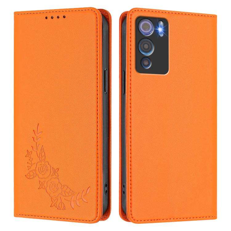 For Doogee N60 Pro Peony Embossed Magnetic RFID Vegan Leather Phone Case(Orange)