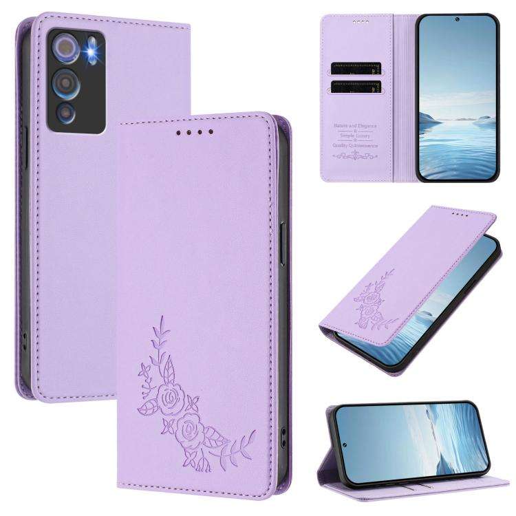 For Doogee N60 Pro Peony Embossed Magnetic RFID Vegan Leather Phone Case(Light Purple)