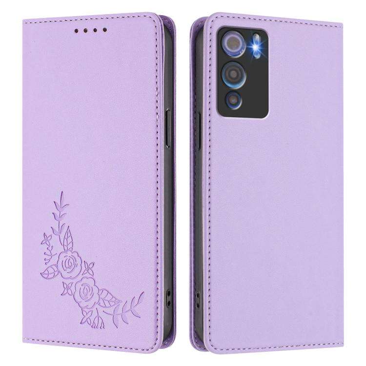 For Doogee N60 Pro Peony Embossed Magnetic RFID Vegan Leather Phone Case(Light Purple)