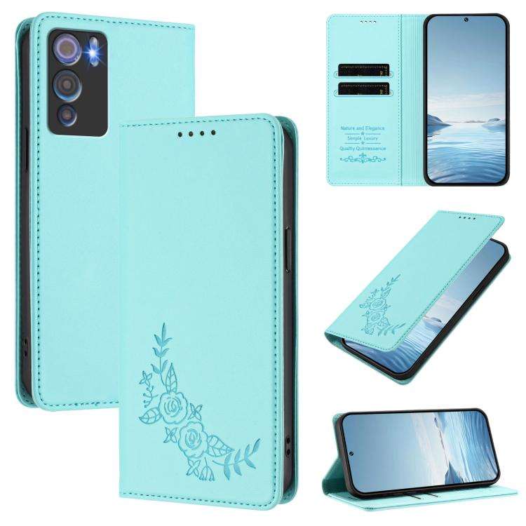 For Doogee N60 Pro Peony Embossed Magnetic RFID Vegan Leather Phone Case(Mint Green)