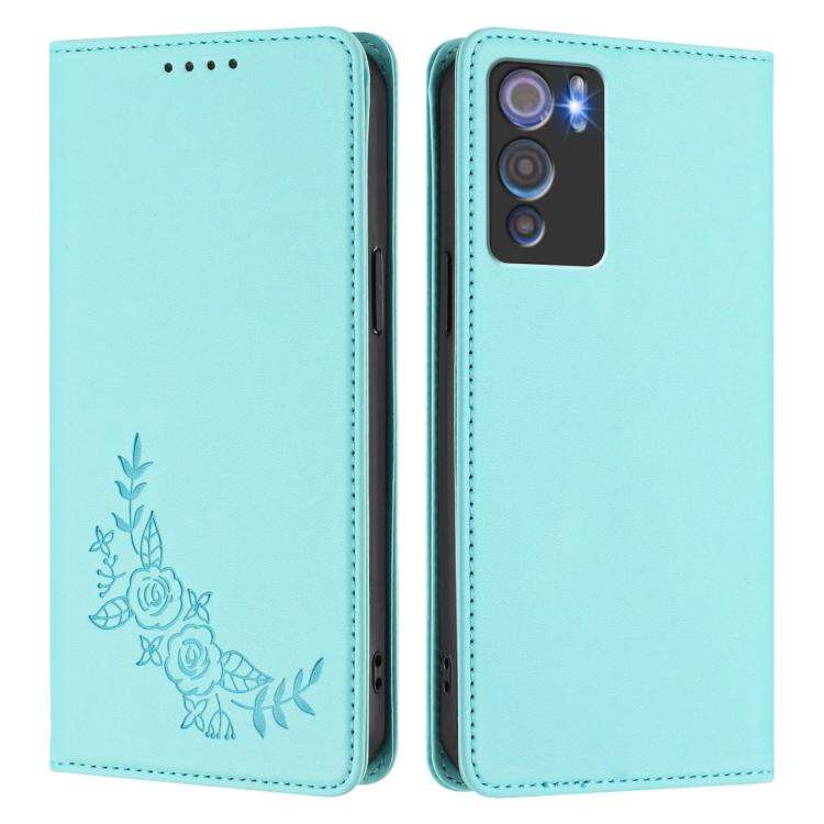 For Doogee N60 Pro Peony Embossed Magnetic RFID Vegan Leather Phone Case(Mint Green)
