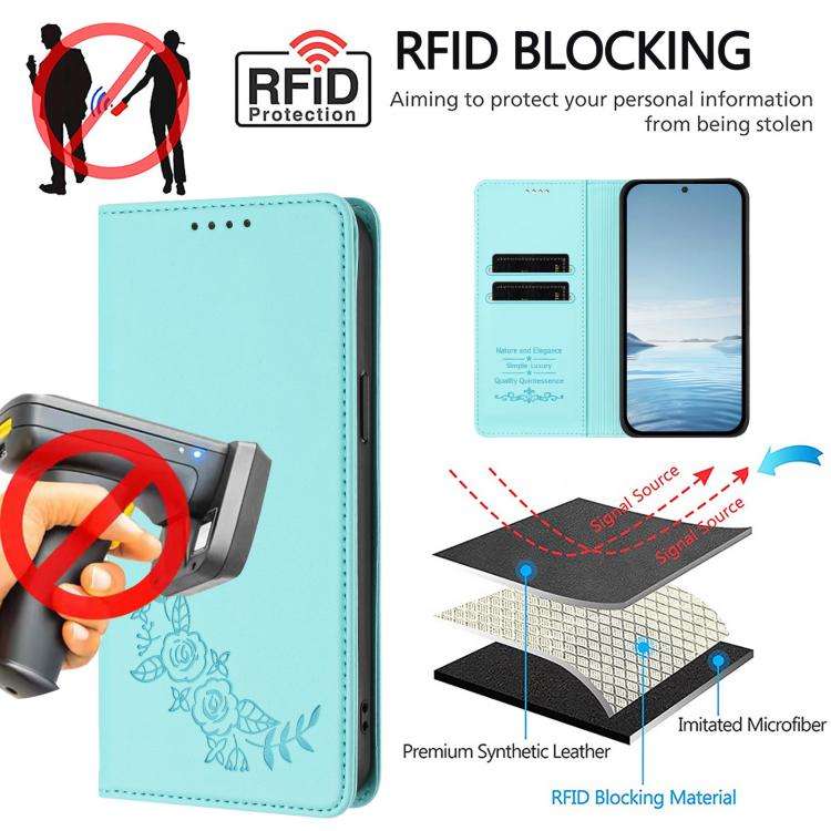 For Doogee N60 Pro Peony Embossed Magnetic RFID Vegan Leather Phone Case(Mint Green)