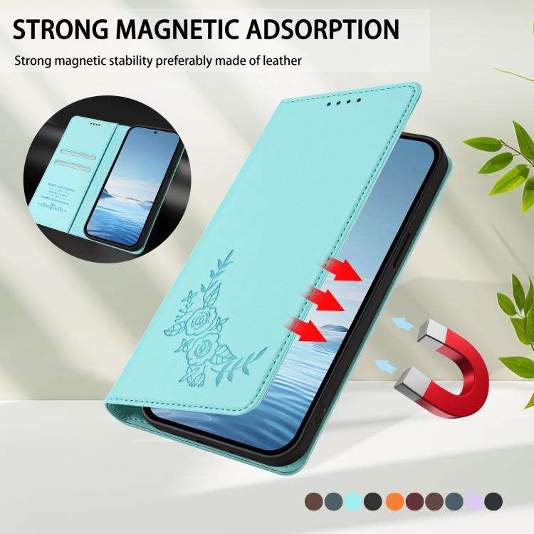 For Doogee N60 Pro Peony Embossed Magnetic RFID Vegan Leather Phone Case(Mint Green)