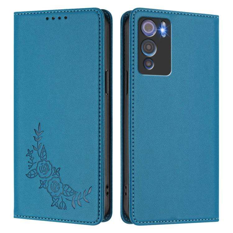 For Doogee N60 Pro Peony Embossed Magnetic RFID Vegan Leather Phone Case(Lake Blue)