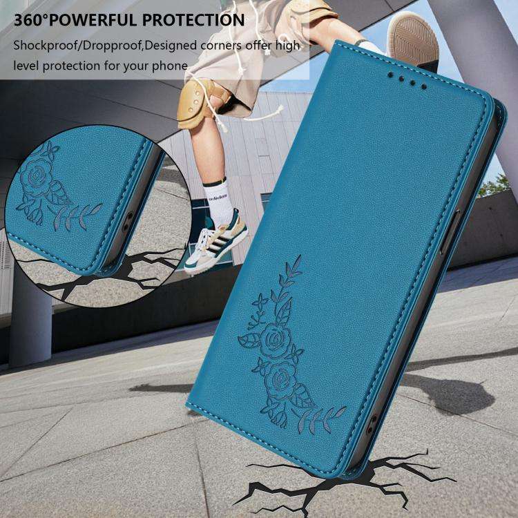 For Doogee N60 Pro Peony Embossed Magnetic RFID Vegan Leather Phone Case(Lake Blue)