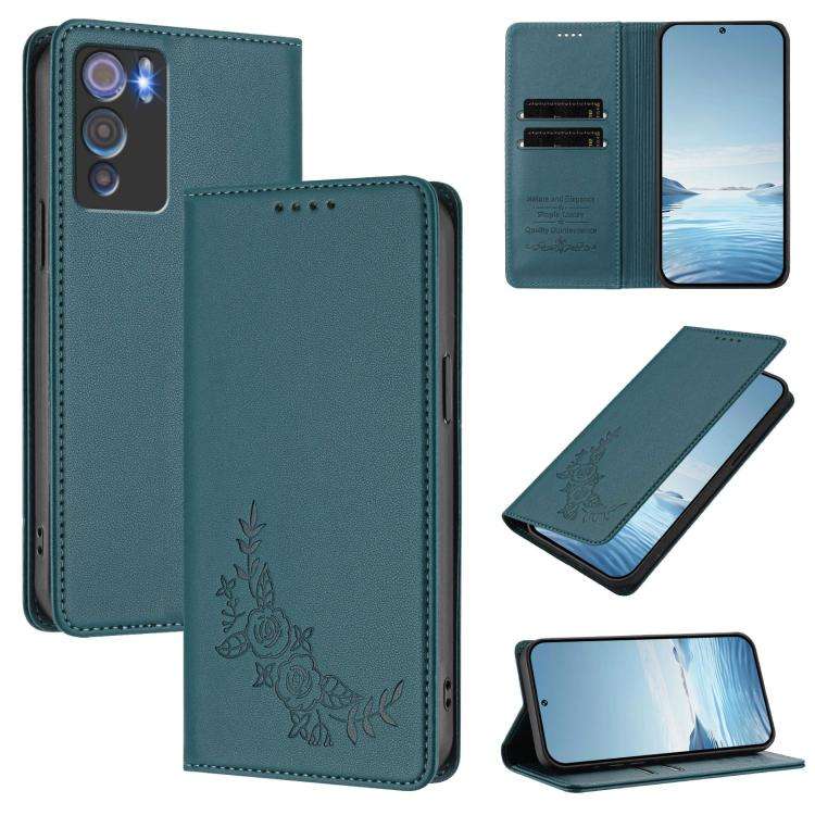 For Doogee N60 Pro Peony Embossed Magnetic RFID Vegan Leather Phone Case(Peacock Green)