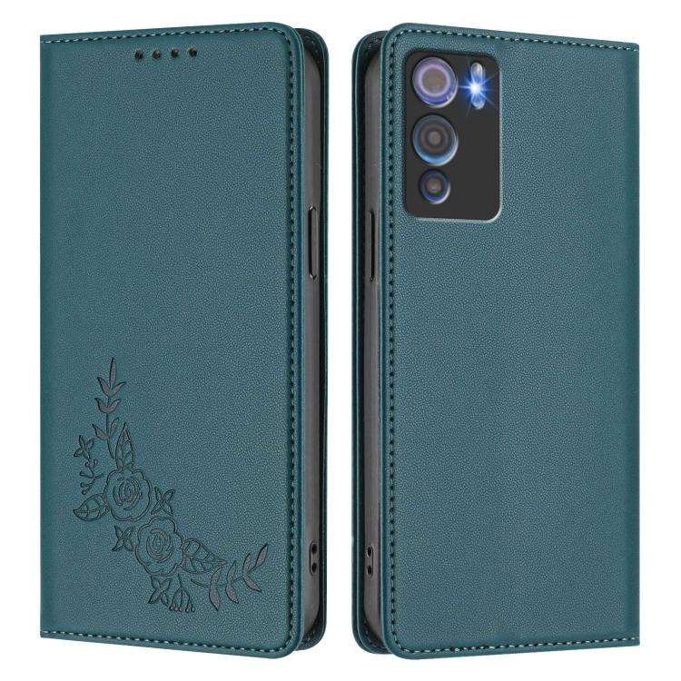 For Doogee N60 Pro Peony Embossed Magnetic RFID Vegan Leather Phone Case(Peacock Green)