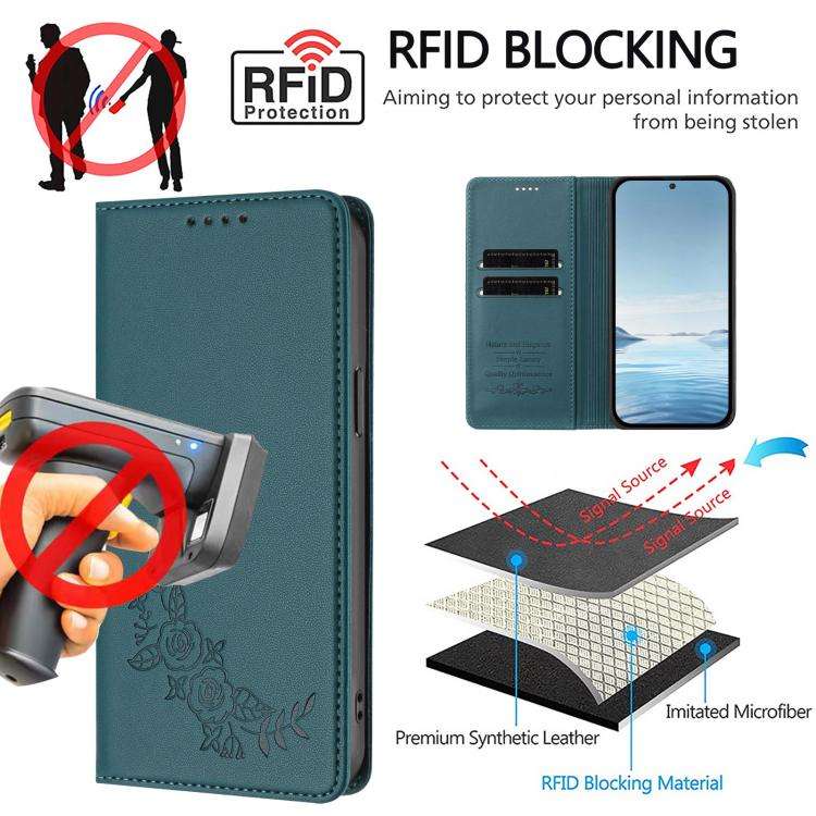 For Doogee N60 Pro Peony Embossed Magnetic RFID Vegan Leather Phone Case(Peacock Green)