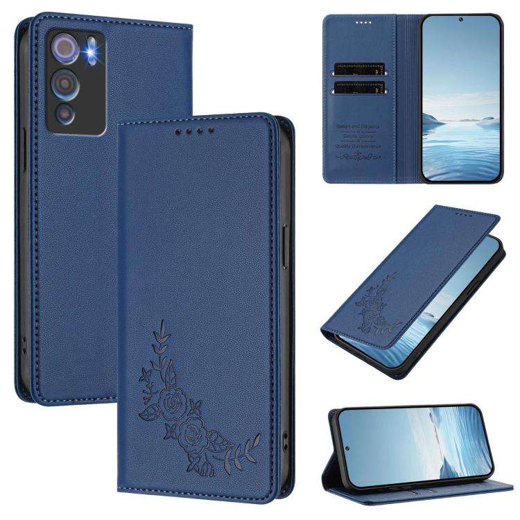 For Doogee N60 Pro Peony Embossed Magnetic RFID Vegan Leather Phone Case(Dark Blue)