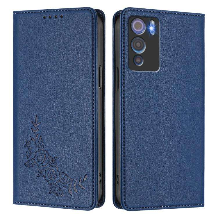 For Doogee N60 Pro Peony Embossed Magnetic RFID Vegan Leather Phone Case(Dark Blue)